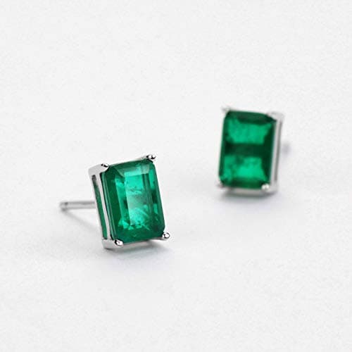 Michooyel Sterling Silver Synthetic Emerald Stud Earrings 1.2ct Baguette 4 Prongs Setting