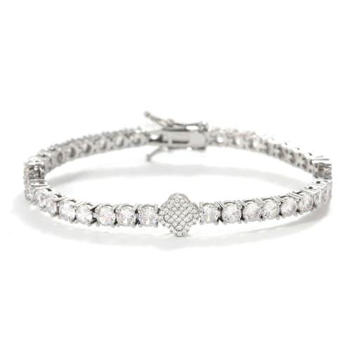 LuxeFlex 4mm Iced Out Four Leaf Tennis Bracelet, White Gold Plated, 5A Zircon Stones, Handmade Hip Hop Jewelry