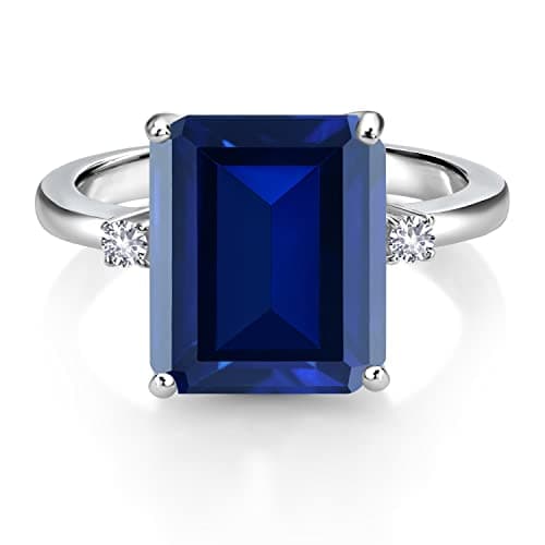 Gem Stone King 925 Sterling Silver 12X10MM Blue Simulated Sapphire & 2MM White Created Sapphire 3 Stone Ring for Women |