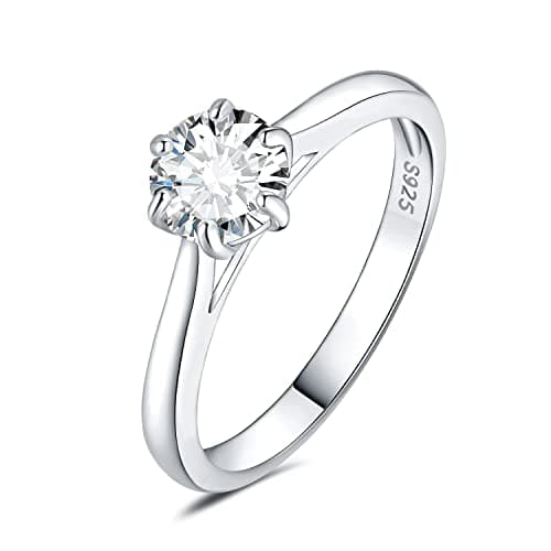 JewelryPalace Classic Round Cut Moissanite Solitaire Rings, 14K Gold Plated 925 Sterling Silver
