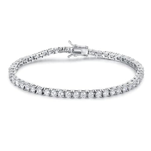 18K White Gold Plated Gemsme Silver Moissanite Tennis Bracelet, 3mm Round 6.5-8.5 Inch