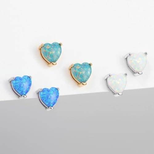 Michooyel Sterling Silver Heart-Shaped Opal Stud Earrings for Women