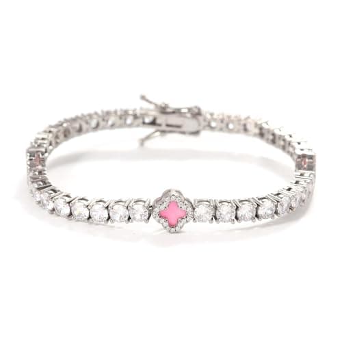 LuxeFlex 4mm Iced Out Four Leaf Tennis Bracelet, White Gold Plated, 5A Zircon Stones, Handmade Hip Hop Jewelry