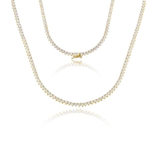 Gemsme 18K Gold Plated 2mm Cubic Zirconia 3 Prong Tennis Necklace for Women