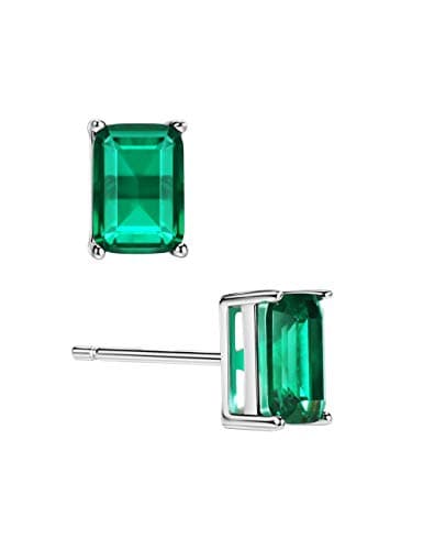 Michooyel Sterling Silver Synthetic Emerald Stud Earrings 1.2ct Baguette 4 Prongs Setting