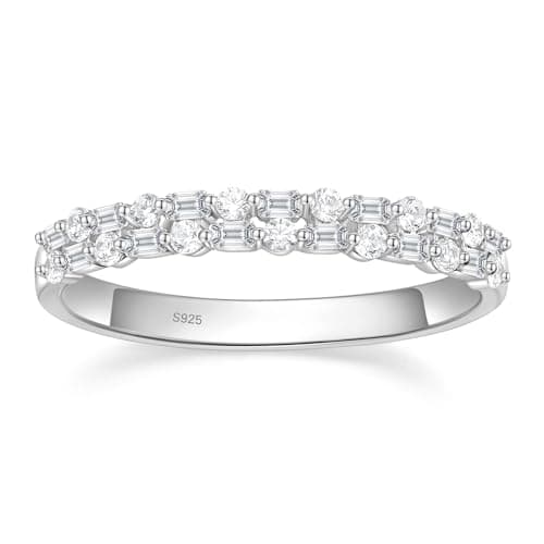 EAMTI Sterling Silver Baguette & Round CZ Two-Row Eternity Ring Size 4-10