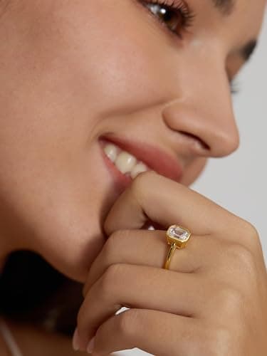 Emerald Cut Cubic Zirconia Engagement Ring for Women - 18K Gold Plated