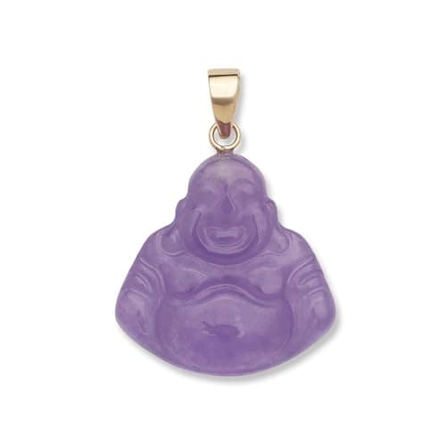 14k Yellow Gold Green & Lavender Jade Carved Buddha Pendant Necklace for Women