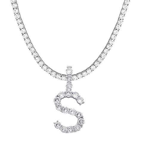Jacruces Personalized Bling CZ Letter Necklace for Women Silver Tennis Chain