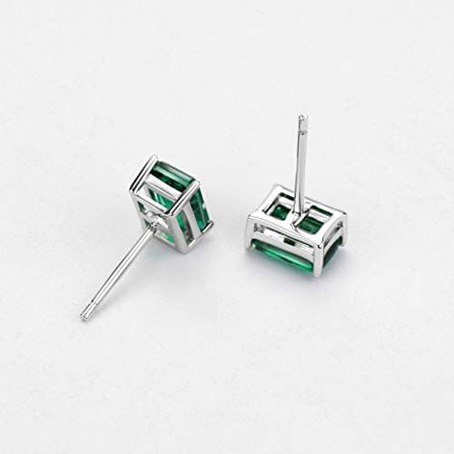 Michooyel Sterling Silver Synthetic Emerald Stud Earrings 1.2ct Baguette 4 Prongs Setting