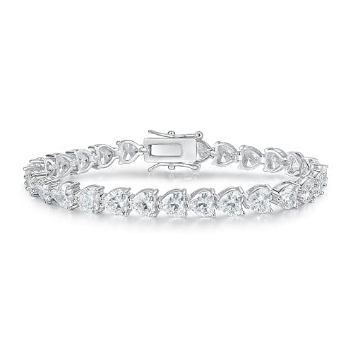 18K White Gold Heart Tennis Bracelet for Women, Size 6-8 inches