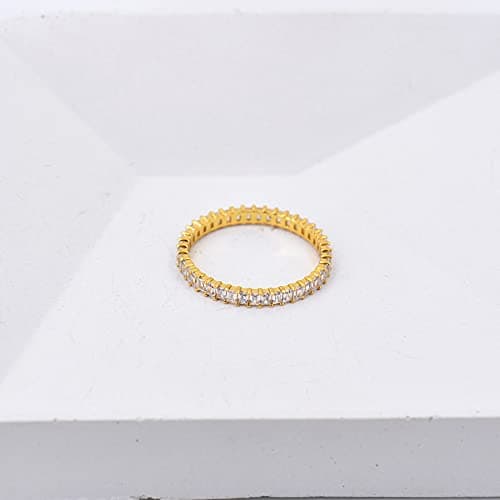 Vescence 18K Gold Plated CZ Stacking Ring | Dainty Vertical Baguette Eternity Band for Women
