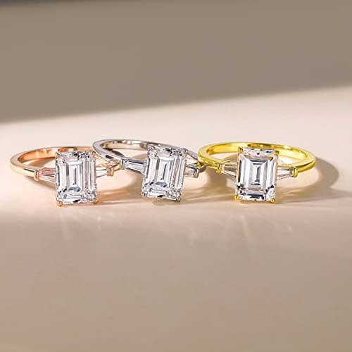 EAMTI 3CT 925 Sterling Silver Engagement & Wedding Ring, 3-Stone Emerald Cut CZ for Her