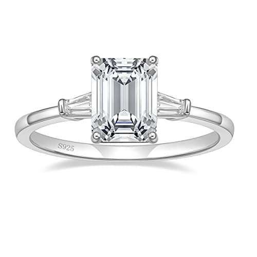EAMTI 3CT 925 Sterling Silver Engagement & Wedding Ring, 3-Stone Emerald Cut CZ for Her