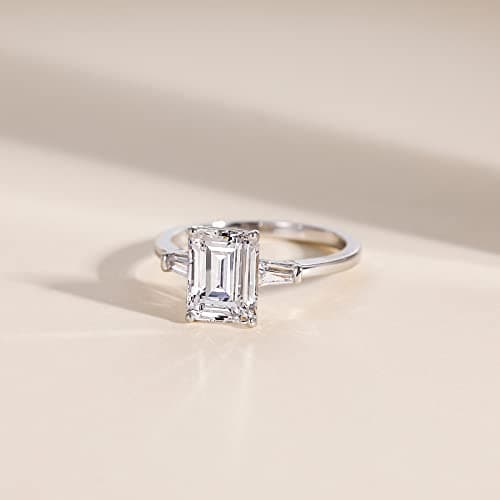 EAMTI 3CT 925 Sterling Silver Engagement & Wedding Ring, 3-Stone Emerald Cut CZ for Her