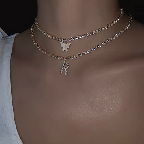 LecAit 14k Gold Plated Initial Choker Necklace with CZ Diamonds for Women