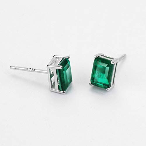 Michooyel Sterling Silver Synthetic Emerald Stud Earrings 1.2ct Baguette 4 Prongs Setting