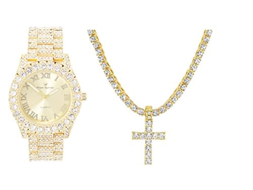 Charles Raymond Iced Out Mens Tennis Cross Necklace & Blinged Out Cuban ZZ Watch Set - ST10327TCR