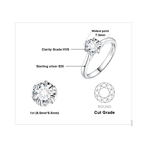 JewelryPalace Classic Round Cut Moissanite Solitaire Rings, 14K Gold Plated 925 Sterling Silver