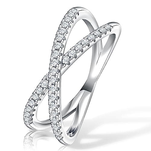 SAMIOVJ D Color VVS1 Moissanite Criss Cross Wedding Band, 18K White Gold Plated Sterling Silver