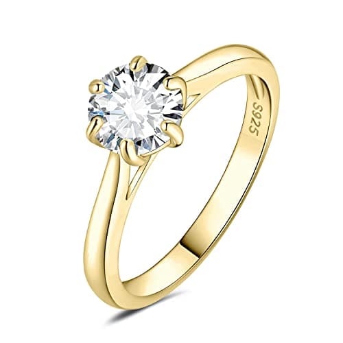 JewelryPalace Classic Round Cut Moissanite Solitaire Rings, 14K Gold Plated 925 Sterling Silver