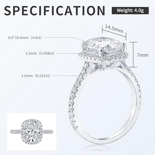 EONFUN D Color VVS1 Moissanite Engagement Ring with 4CT Cushion Cut Halo