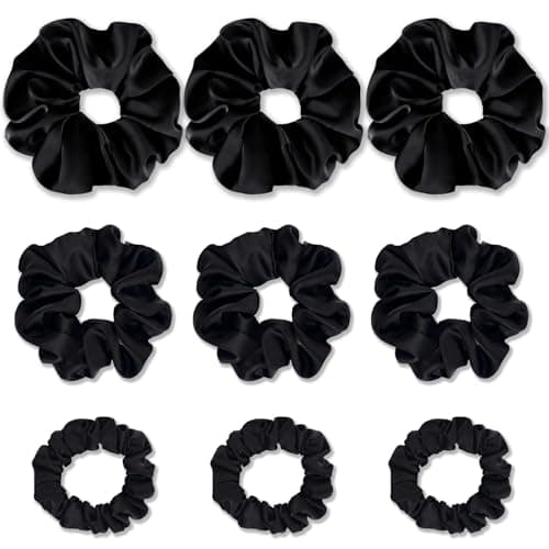9 Pack Satin Scrunchies for Women - Soft, No Damage, Ideal for Curly Thick Hair - Black, Brown, Purple - 3 Sizes