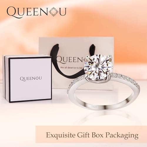 QueenOU 925 Sterling Silver 1CT Moissanite Engagement Ring with 18K White Gold Plating