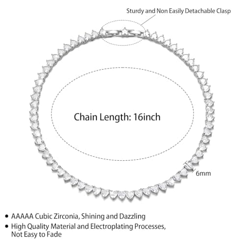 FEEL STYLE 18K White Gold Plated Heart Tennis Necklace - Iced Out Choker 16-18inch