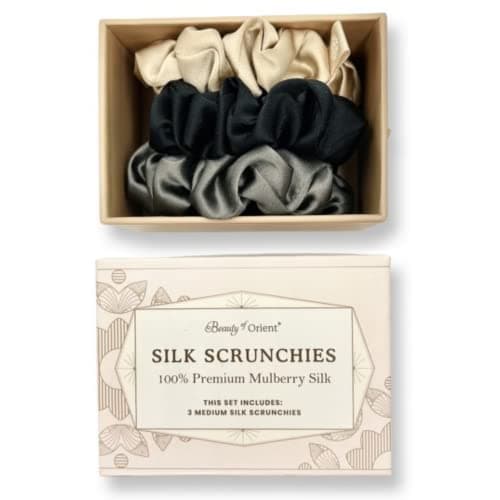 Premium 25 Momme Mulberry Silk Scrunchies | Bedrock, Midnight, Champagne (3 Medium)