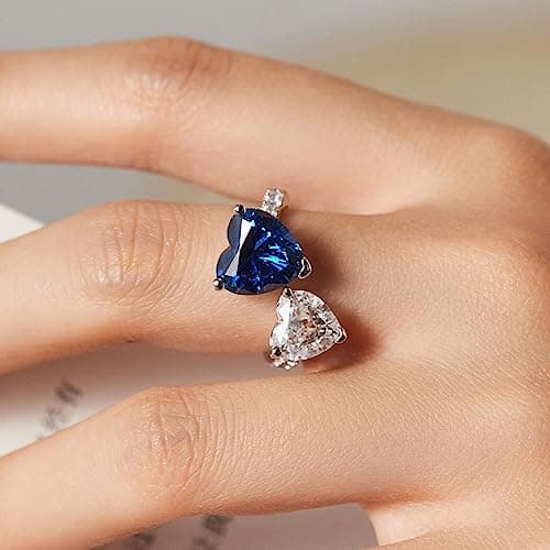 Michooyel S925 Sapphire Heart Open Ring with Cubic Zirconia Statement Ring for Women