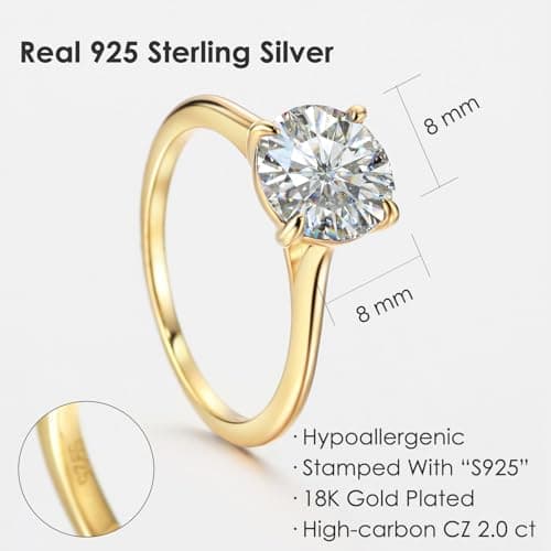 Michooyel 18K Gold Plated 925 Sterling Silver 2ct Solitaire Engagement Ring