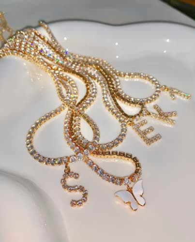 LecAit 14k Gold Plated Initial Choker Necklace with CZ Diamonds for Women