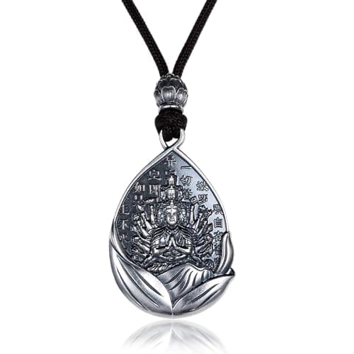 AnuClub S999 Sterling Silver Buddha Guanyin Pendant Necklace Lucky Amulet Jewelry
