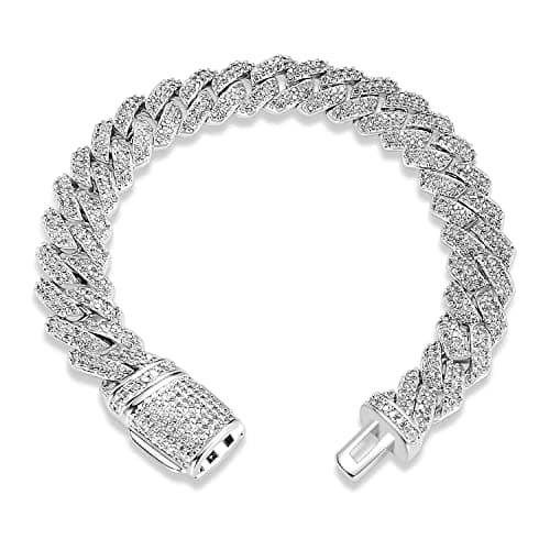 MOFEIJEWEL Full Iced Out Bling 10mm Miami Cuban Link Bracelet 5A CZ Diamonds Silver