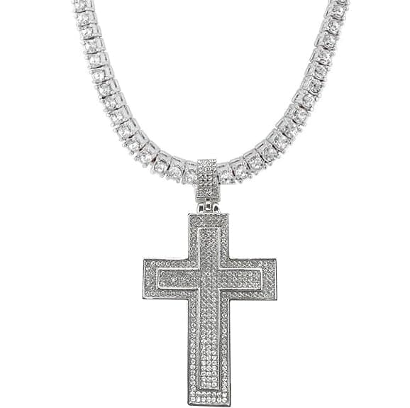 Orentini 925 Silver Plated CZ Diamond Tennis Necklace & Cross Pendant