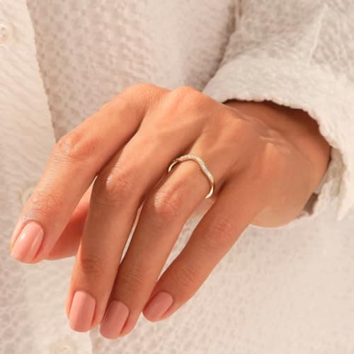 KOIMILA Women's 14k Gold Plated Minimalist Curved Half Eternity Diamond Band Ring