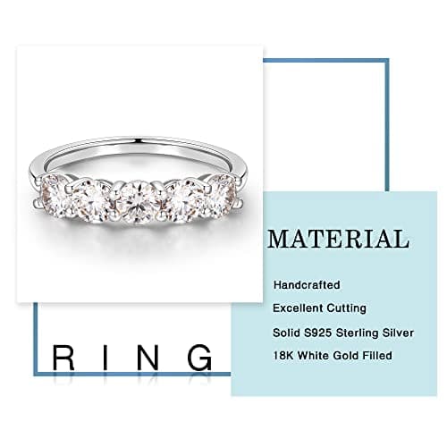 MOOSEA 5 Stone Moissanite Anniversary Rings, 3.75MM 14K White Gold Filled Jewelry