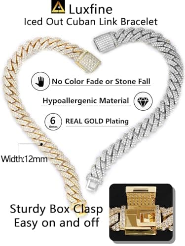 Luxfine 14K Gold Plated 12mm Cuban Link Iced Out Jewelry for Men & Women