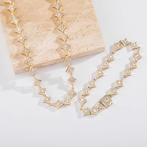 JINAO Iced Out 10MM Star Tennis Bracelet 14K Gold Plated Cubic Zirconia men women