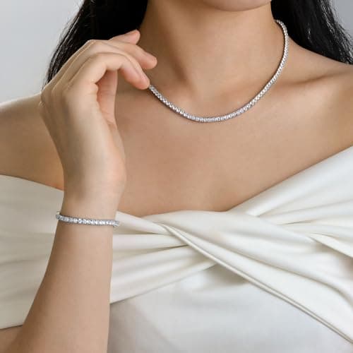 Luxfine 14K White Gold Plated 3mm Tennis Necklace & Choker 5A+ CZ Iced Out Jewelry