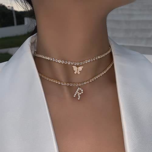 LecAit 14k Gold Plated Initial Choker Necklace with CZ Diamonds for Women
