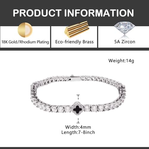 LuxeFlex 4mm Iced Out Four Leaf Tennis Bracelet, White Gold Plated, 5A Zircon Stones, Handmade Hip Hop Jewelry