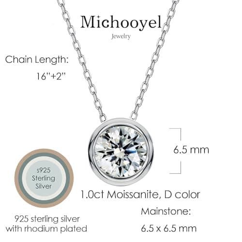 Michooyel 1.0ct Moissanite Solitaire Necklace for Women D Color VVS Clarity Bezel Setting 16-18"