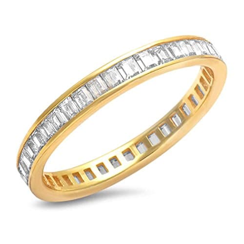 Blue Apple Co. 925 Sterling Silver Yellow Tone Baguette CZ Wedding Band Ring