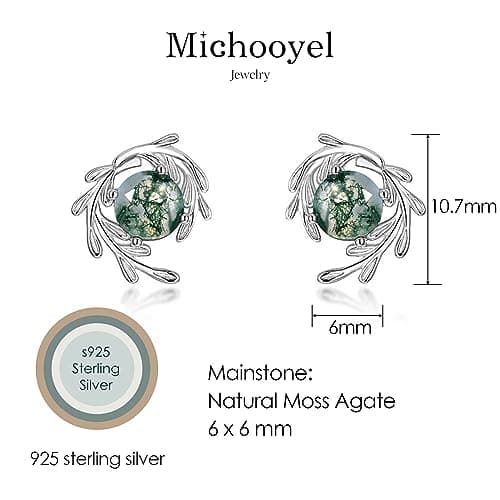 Michooyel Natural Moss Agate Stud Earrings for Women 925 Sterling Silver