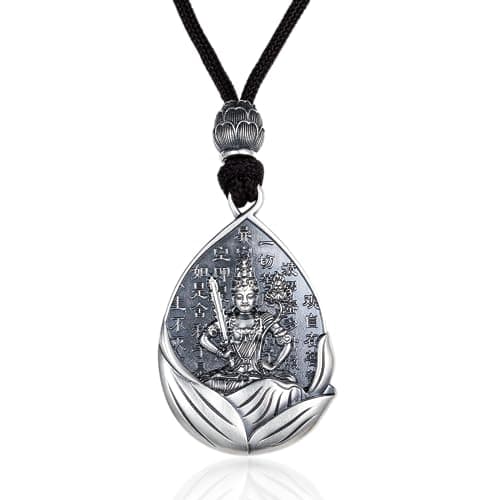 AnuClub S999 Sterling Silver Buddha Guanyin Pendant Necklace Lucky Amulet Jewelry