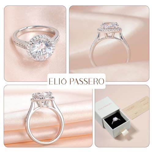 Elio Passero Women's 925 Sterling Silver & 18K Gold Plated Moissanite Engagement Ring, D Color VVS1 Clarity, 1.5/2/3/4 C