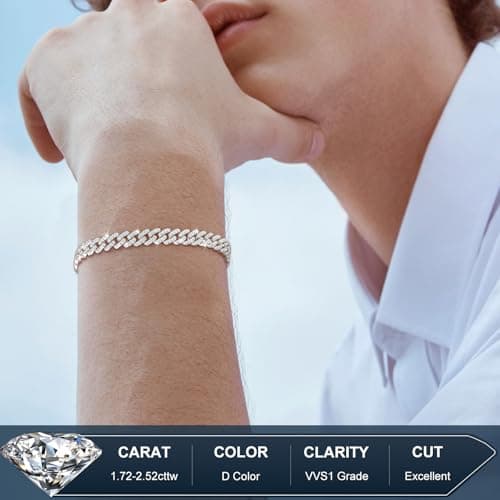 TUHE Men's 1.72-2.52 Carats Moissanite 6MM Cuban Bracelet 18K Gold Plated 925 Sterling Silver Miami Link Clasp