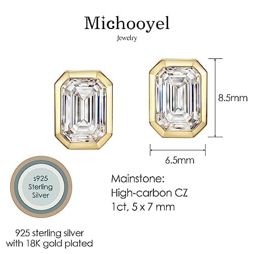 Michooyel 1ct Emerald Cut 18k Gold Plated Sterling Silver Stud Earrings for Women